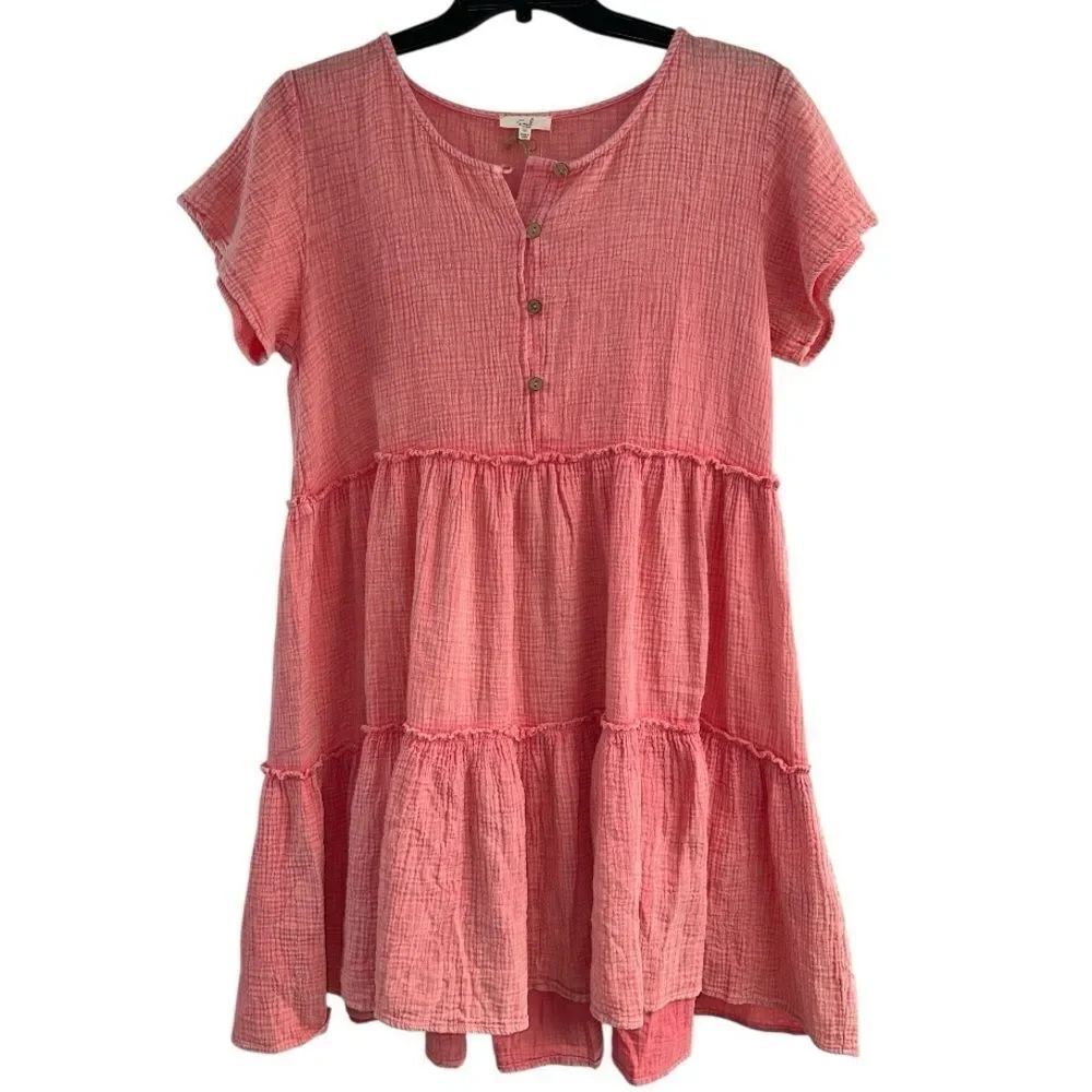 Easel Women's Tiered Cotton Gauze Casual Dress, Short Sleeve Washed Size Medium - Picture 3 of 7